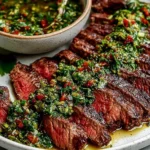 Chimichurri Steak sliced medium-rare with fresh parsley-garlic chimichurri sauce drizzled on top, served with extra sauce in a bowl.