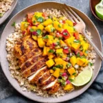 Chipotle Lime Grilled Chicken with Mango Salsa served over fluffy grains with fresh lime wedges on the side.