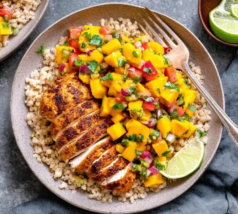 Chipotle Lime Grilled Chicken with Mango Salsa served over fluffy grains with fresh lime wedges on the side.