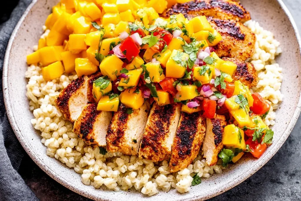 Chipotle Lime Grilled Chicken with Mango Salsa piled over tender grains, with sliced smoky grilled chicken and fresh mango topping.