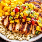 Chipotle Lime Grilled Chicken with Mango Salsa piled over tender grains, with sliced smoky grilled chicken and fresh mango topping.