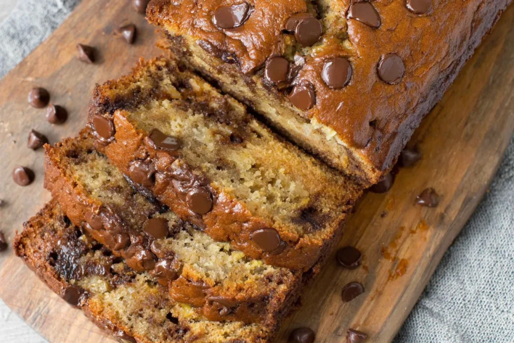 Sliced Chocolate Chip Banana Bread on a wooden cutting board with melted chocolate chips and a moist, swirled banana crumb.