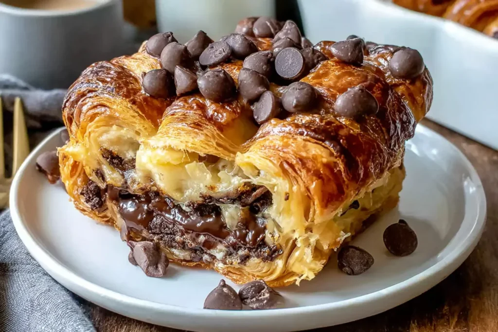 Chocolate Croissant Breakfast Bake on a plate with flaky golden croissants, melted chocolate filling, and chocolate chips on top.