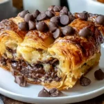 Chocolate Croissant Breakfast Bake on a plate with flaky golden croissants, melted chocolate filling, and chocolate chips on top.