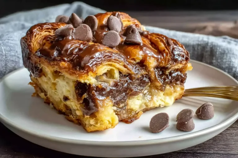 Chocolate Croissant Breakfast Bake slice with melty chocolate drizzle and chocolate chips on a plate, golden and custardy.