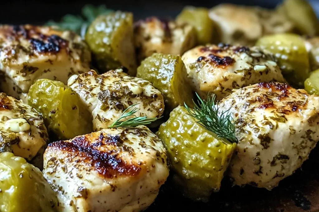 Dill Pickle Ranch Chicken Skewers close-up with grilled chicken cubes, chunky dill pickles, and fresh dill for a tangy, juicy bite.