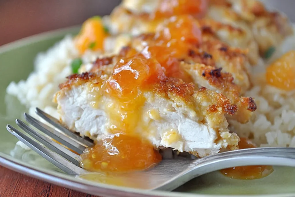 Coconut Chicken with Apricot Sauce close-up on white rice, showing crispy coconut coating and glossy apricot Dijon sauce dripping over tender chicken