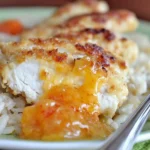 Coconut Chicken with Apricot Sauce served over fluffy white rice with glossy apricot Dijon sauce and tender, golden-baked chicken.