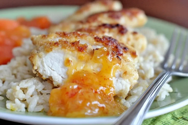 Coconut Chicken with Apricot Sauce served over fluffy white rice with glossy apricot Dijon sauce and tender, golden-baked chicken.