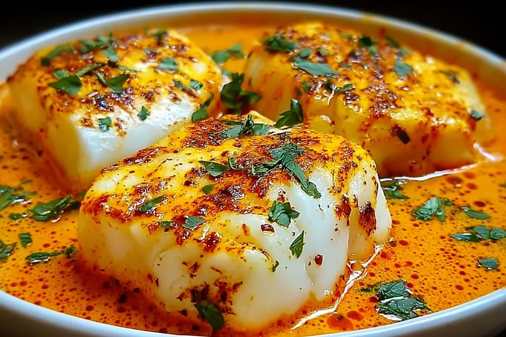 Cod in Roasted Red Pepper Sauce served in a creamy smoky red pepper sauce, topped with fresh parsley and paprika.