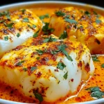 Cod in Roasted Red Pepper Sauce served in a creamy smoky red pepper sauce, topped with fresh parsley and paprika.