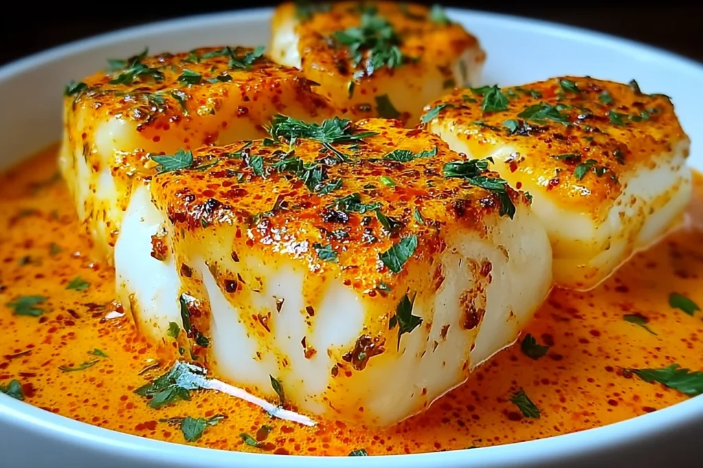 Cod in Roasted Red Pepper Sauce with flaky cod fillets in a creamy smoky roasted red pepper sauce, finished with parsley and paprika.