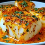 Cod in Roasted Red Pepper Sauce with flaky cod fillets in a creamy smoky roasted red pepper sauce, finished with parsley and paprika.