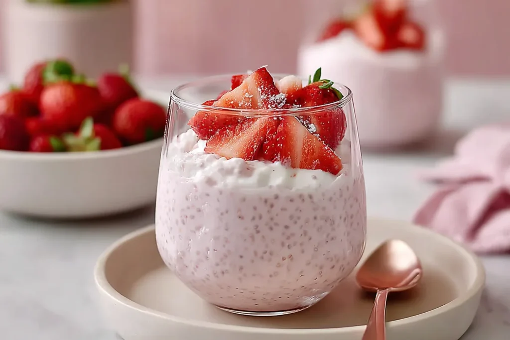 Cottage Cheese Strawberry Cheesecake Chia Seed Pudding in a glass with creamy chia texture, topped with sliced strawberries and a dusting of sugar.
