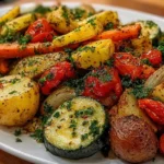Cowboy Butter Roasted Vegetables on a plate with zucchini, carrots, peppers, and potatoes, coated in garlicky herb butter and roasted until golden.