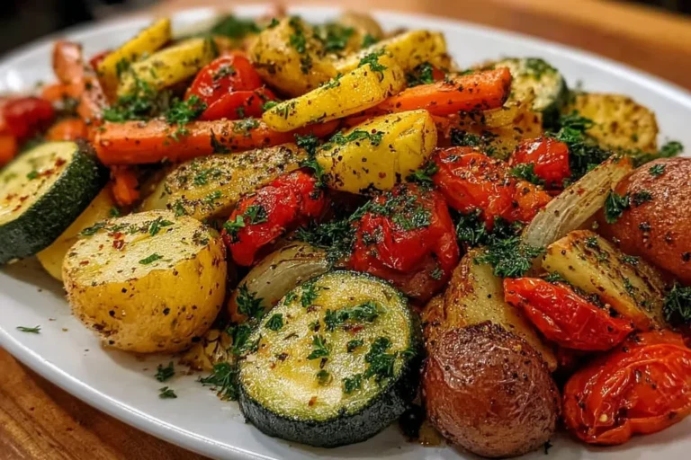 Cowboy Butter Roasted Vegetables on a plate with zucchini, carrots, peppers, and potatoes, coated in garlicky herb butter and roasted until golden.