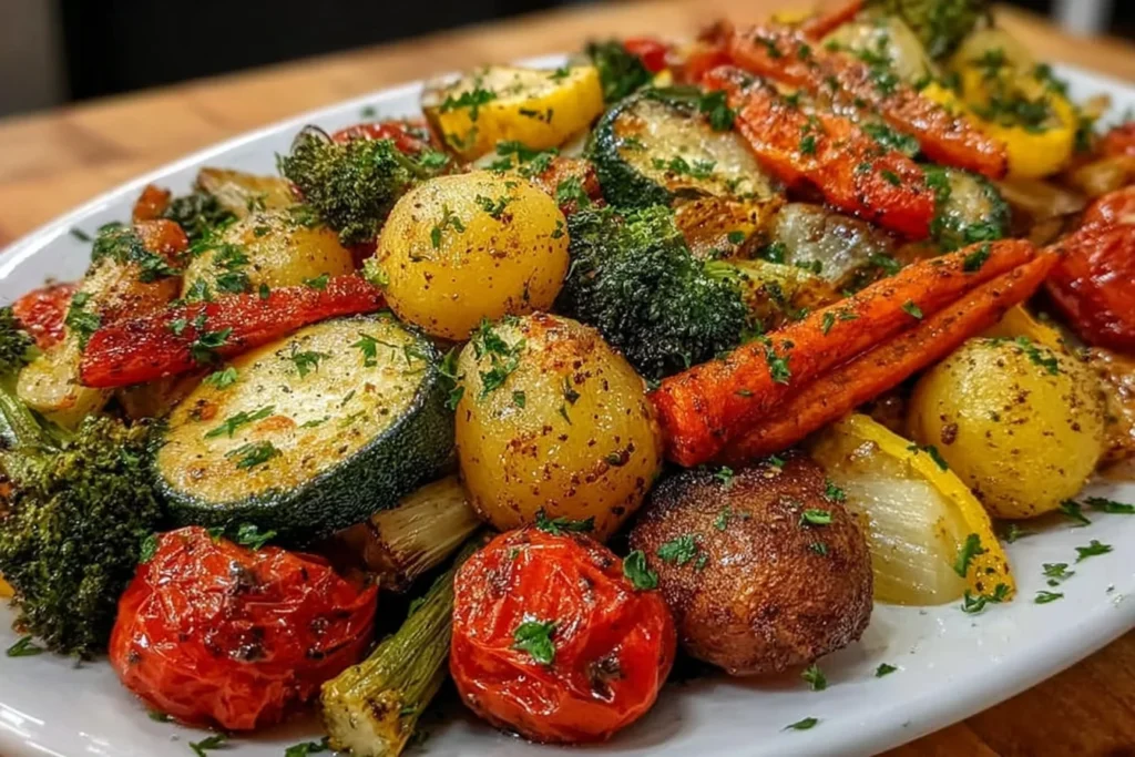 Cowboy Butter Roasted Vegetables piled on a platter with baby potatoes, zucchini, broccoli, carrots, and blistered tomatoes, finished with garlic herb butter.