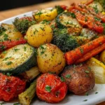 Cowboy Butter Roasted Vegetables piled on a platter with baby potatoes, zucchini, broccoli, carrots, and blistered tomatoes, finished with garlic herb butter.