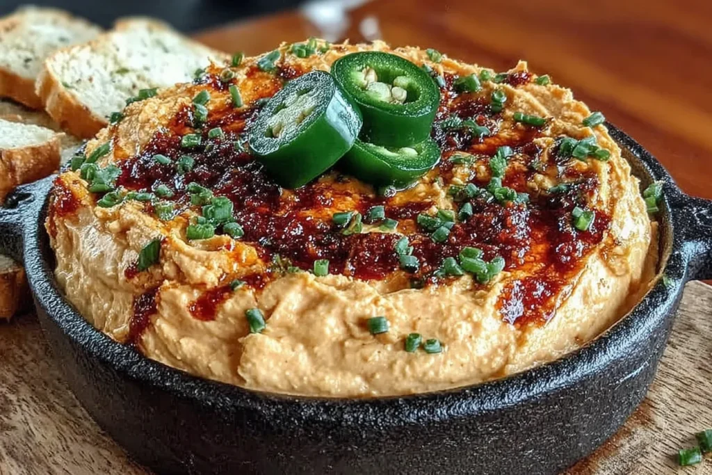 Spicy Roasted Jalapeño Cowboy Cream Cheese Dip in a cast-iron skillet with BBQ drizzle, chopped chives, and fresh jalapeño slices, served with bread.