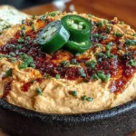Spicy Roasted Jalapeño Cowboy Cream Cheese Dip in a cast-iron skillet with BBQ drizzle, chopped chives, and fresh jalapeño slices, served with bread.