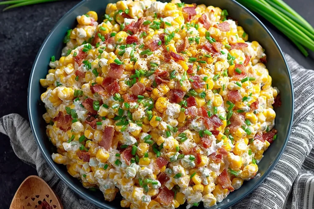 Crack Corn Salad in a blue bowl—creamy ranch corn salad with cheddar, crispy bacon, and green onions, served chilled.