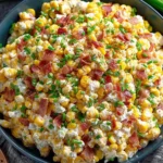 Crack Corn Salad in a blue bowl—creamy ranch corn salad with cheddar, crispy bacon, and green onions, served chilled.