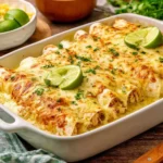 Joanna Gaines Chicken Enchiladas Recipe in a white baking dish topped with melted golden cheese, creamy sauce, and fresh lime wedges.
