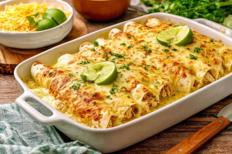 Joanna Gaines Chicken Enchiladas Recipe in a white baking dish topped with melted golden cheese, creamy sauce, and fresh lime wedges.