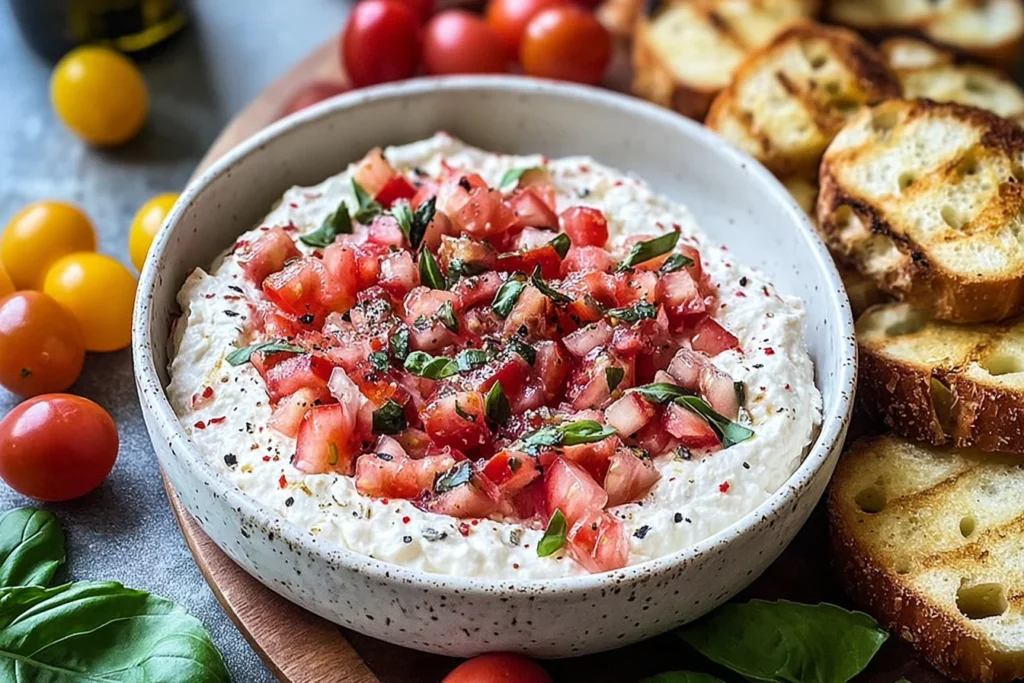 Boursin Bruschetta Dip in a bowl topped with chopped tomatoes, fresh basil, and pepper, served with toasted crostini.