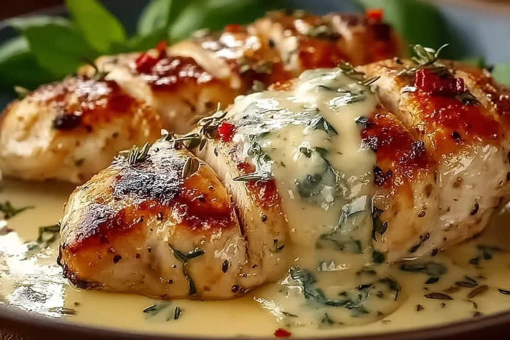 Chicken with Boursin Sauce with Garlic and Herbs—pan-seared chicken breast sliced and topped with creamy garlic herb sauce in a skillet.