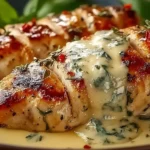 Chicken with Boursin Sauce with Garlic and Herbs—pan-seared chicken breast sliced and topped with creamy garlic herb sauce in a skillet.
