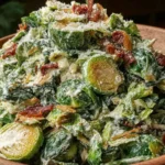 Brussels Sprouts Caesar Salad in a bowl with creamy Caesar dressing, shaved Parmesan, and crispy bacon for a crunchy, savory side dish.