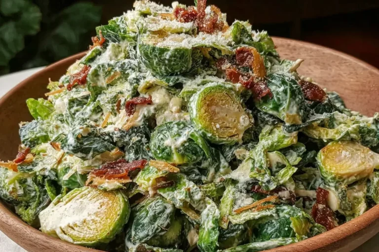 Brussels Sprouts Caesar Salad in a bowl with creamy Caesar dressing, shaved Parmesan, and crispy bacon for a crunchy, savory side dish.