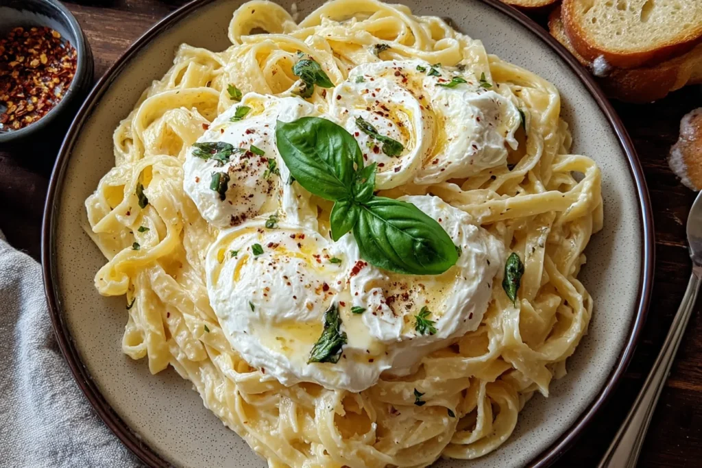 Creamy Burrata Pasta with fettuccine in a rich Parmesan cream sauce, topped with fresh burrata, basil, olive oil drizzle, and red pepper flakes.