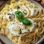 Creamy Burrata Pasta with fettuccine in a rich Parmesan cream sauce, topped with fresh burrata, basil, olive oil drizzle, and red pepper flakes.