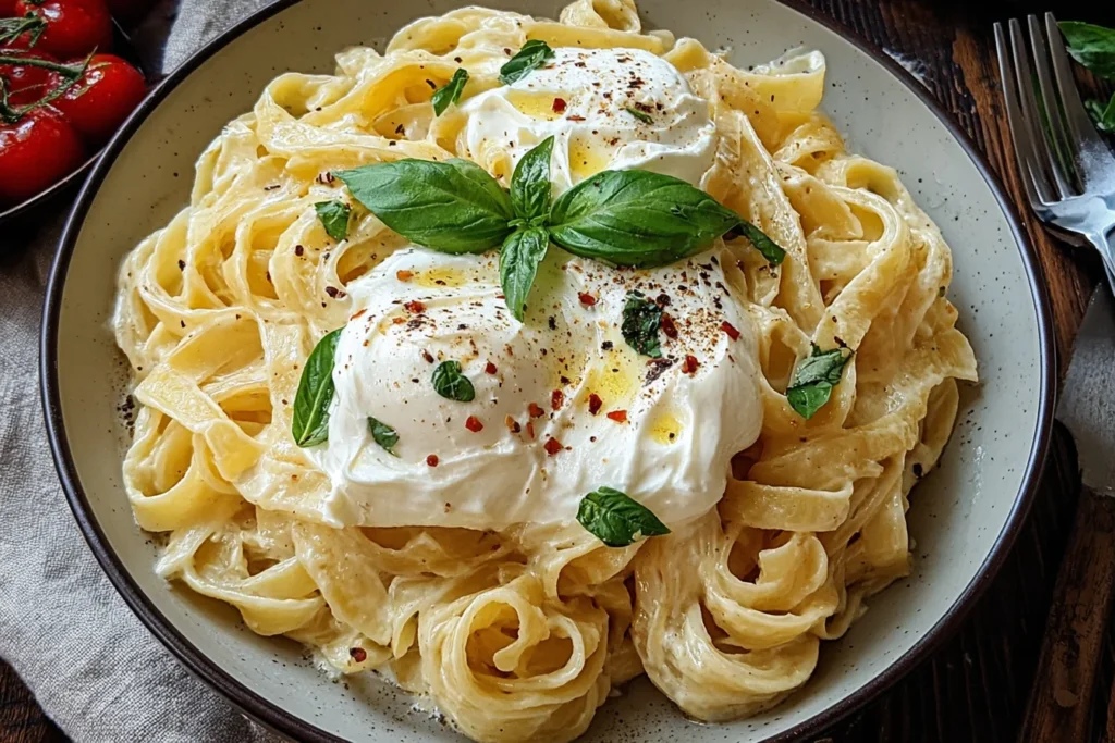 Creamy Burrata Pasta topped with fresh burrata, basil leaves, cracked pepper, and red pepper flakes on a rustic plate.