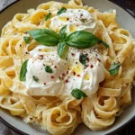 Creamy Burrata Pasta topped with fresh burrata, basil leaves, cracked pepper, and red pepper flakes on a rustic plate.