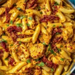 Sun Dried Tomato Pesto Pasta in a skillet with creamy pesto sauce, Cajun chicken pieces, and sun-dried tomatoes, topped with parsley.