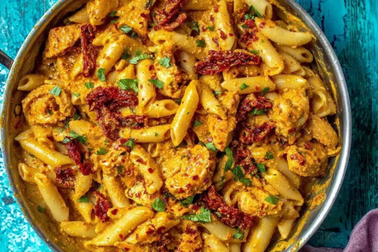 Sun Dried Tomato Pesto Pasta in a skillet with creamy pesto sauce, Cajun chicken pieces, and sun-dried tomatoes, topped with parsley.