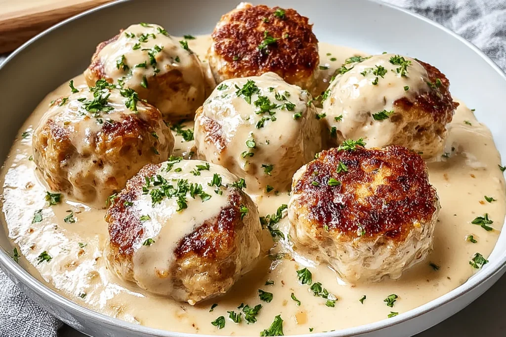 Chicken Cordon Bleu Meatballs smothered in creamy Dijon sauce, pan-seared until golden and sprinkled with fresh parsley.