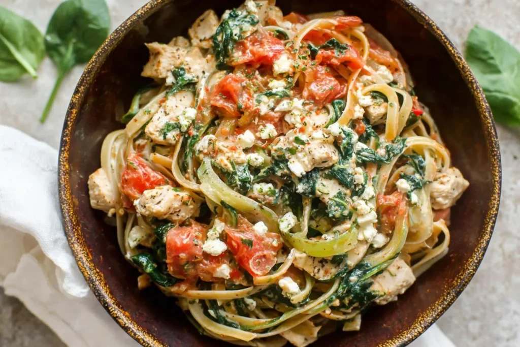 Chicken Feta Spinach Pasta in a bowl with tender chicken, sautéed spinach, juicy tomatoes, and crumbled feta over linguine.