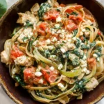 Chicken Feta Spinach Pasta in a bowl with tender chicken, sautéed spinach, juicy tomatoes, and crumbled feta over linguine.