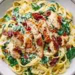 Creamy Chicken Pesto Pasta with Spinach in a bowl with sliced chicken, sun-dried tomatoes, and Parmesan in a rich, creamy pesto sauce.
