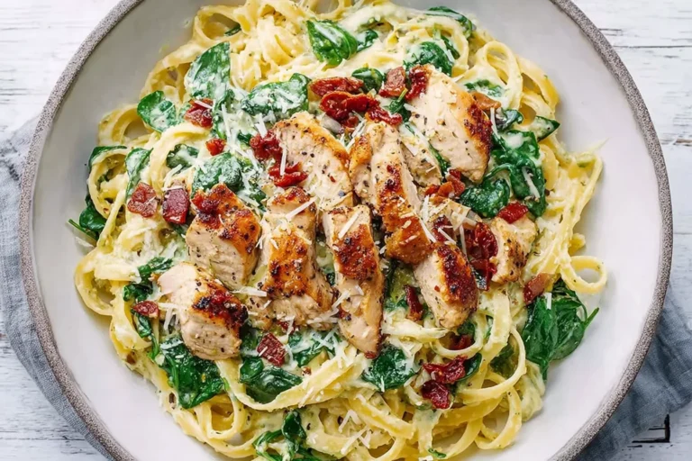 Creamy Chicken Pesto Pasta with Spinach in a bowl with sliced chicken, sun-dried tomatoes, and Parmesan in a rich, creamy pesto sauce.