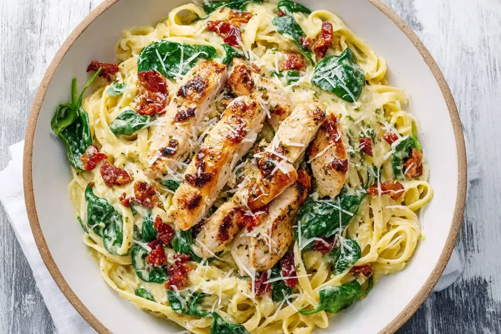 Creamy Chicken Pesto Pasta with Spinach served in a wide bowl with pan-seared chicken strips, creamy pesto sauce, spinach, and a sprinkle of Parmesan.