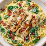 Creamy Chicken Pesto Pasta with Spinach served in a wide bowl with pan-seared chicken strips, creamy pesto sauce, spinach, and a sprinkle of Parmesan.