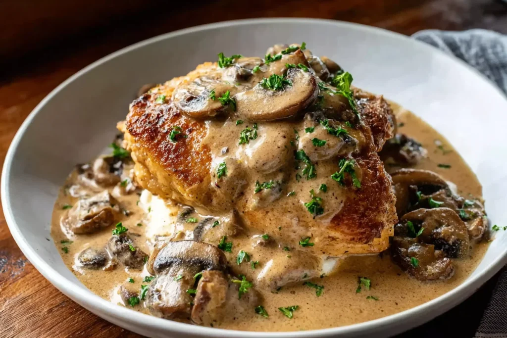 Crockpot Chicken And Gravy served over mashed potatoes with creamy mushroom gravy and parsley garnish in a white bowl.