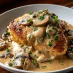 Crockpot Chicken And Gravy served over mashed potatoes with creamy mushroom gravy and parsley garnish in a white bowl.