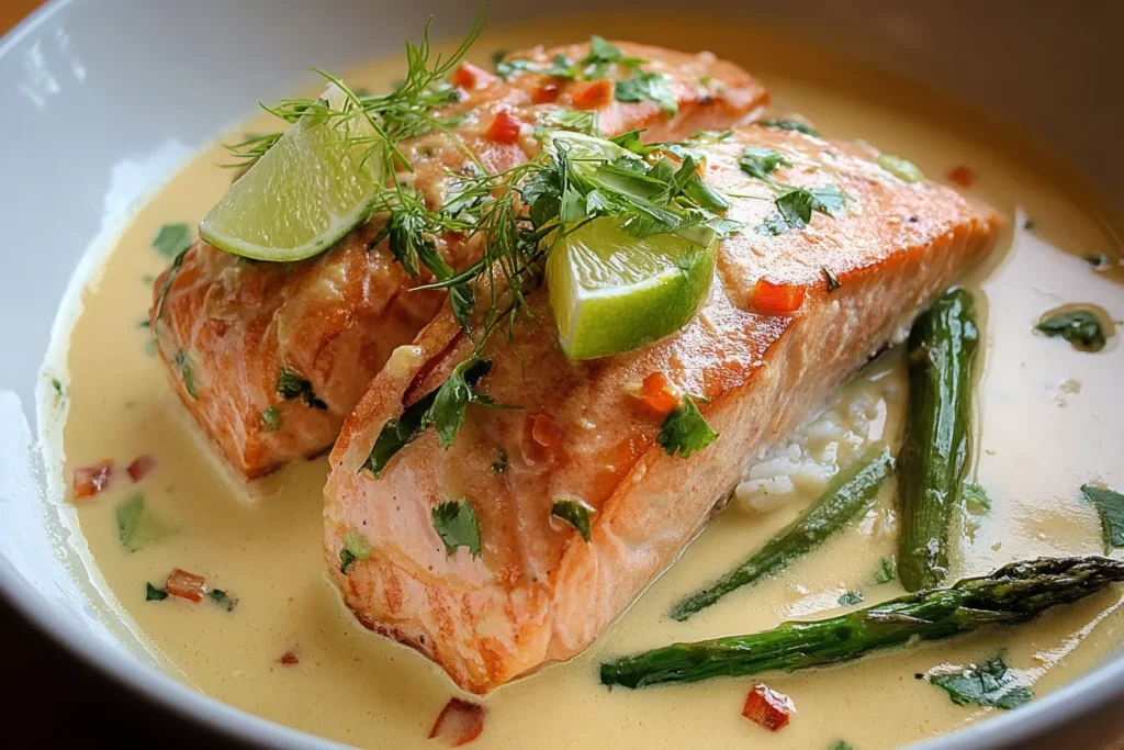 Poached Salmon in Coconut Lime Sauce served in a creamy coconut-lime broth with rice, asparagus, fresh herbs, and lime wedges