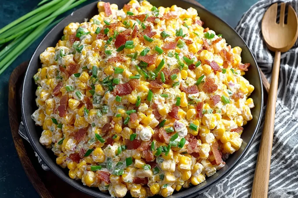 Crack Corn Salad in a black bowl with creamy ranch dressing, cheddar cheese, crispy bacon pieces, and chopped green onions.